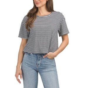 CABLE & GAUGE Navy/white Soft Slub Knit Bubble Hem Top